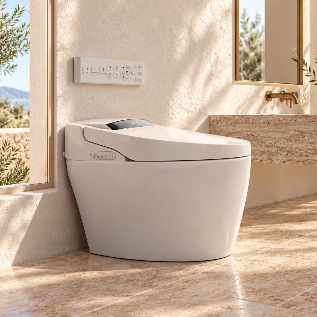 Inodoro japonés eQiik en un baño luminoso de estilo mediterráneo
