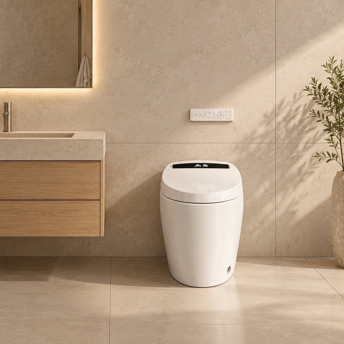 Baño en tonos beige con el inodoro japonés eQiik junto al lavabo