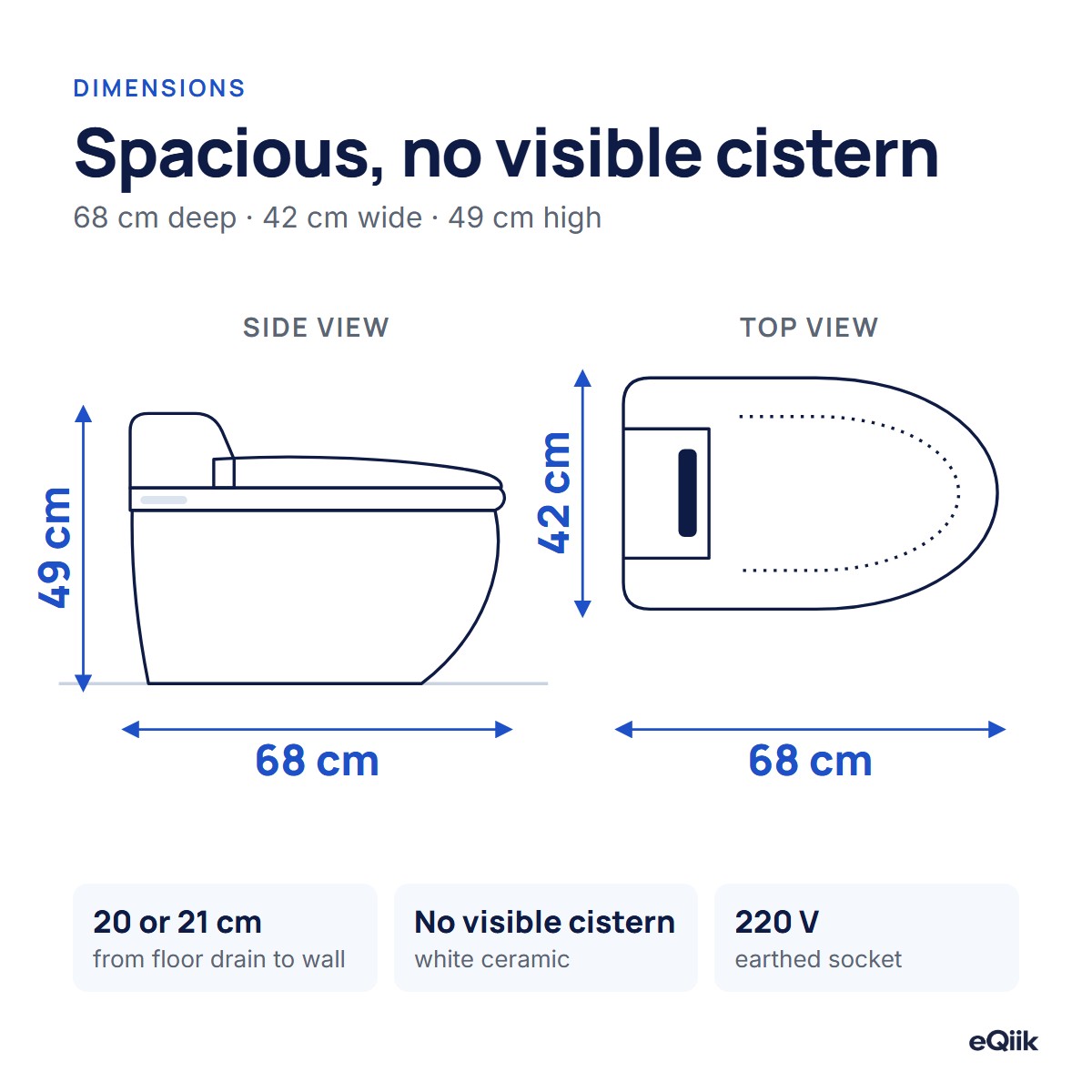 Dimensions of the eQiik and eQiik Pro Japanese toilet: 68 cm deep, 42 cm wide and 49 cm high, side and top view