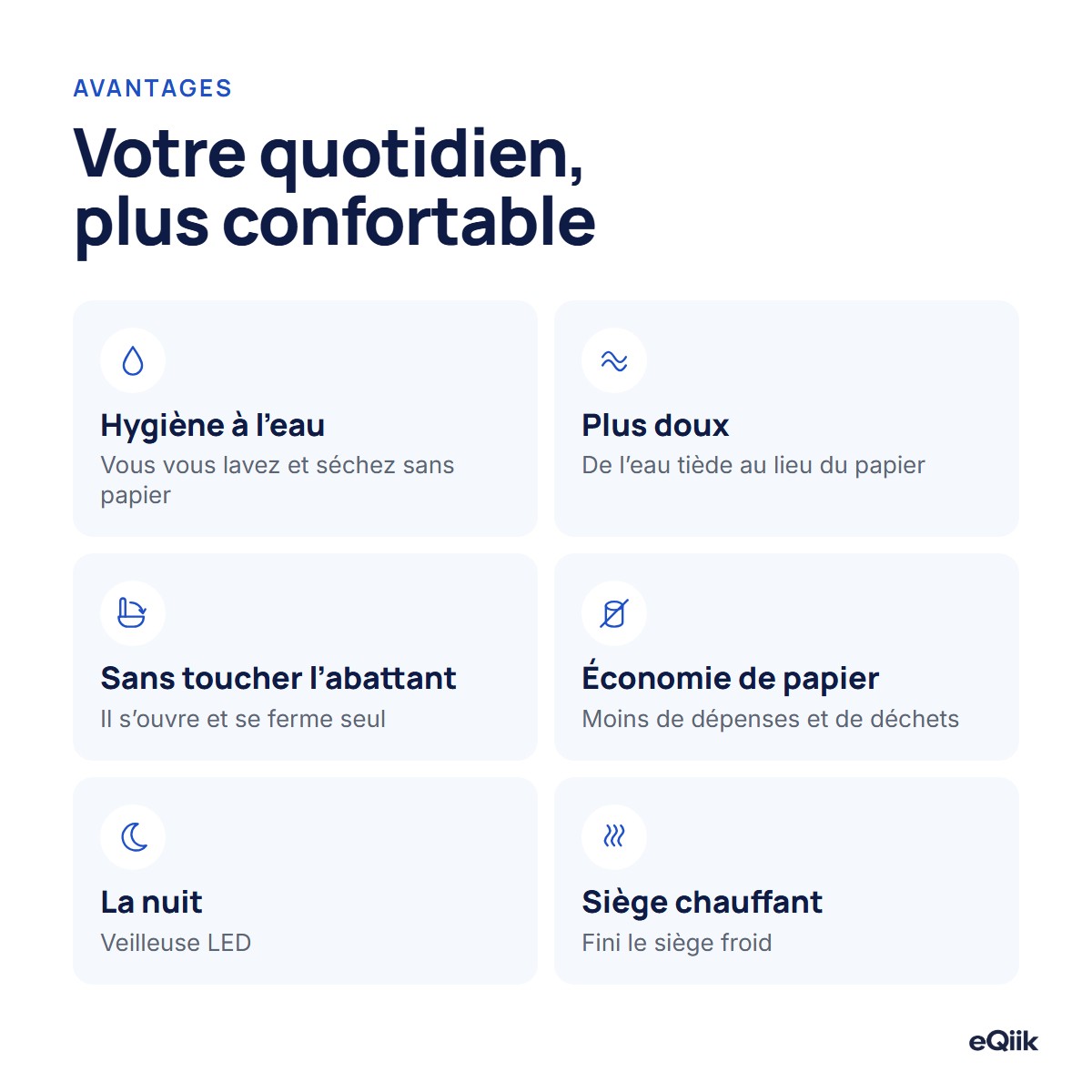 Avantages du WC japonais eQiik Pro : hygiène à l'eau, abattant automatique, veilleuse LED et siège chauffant