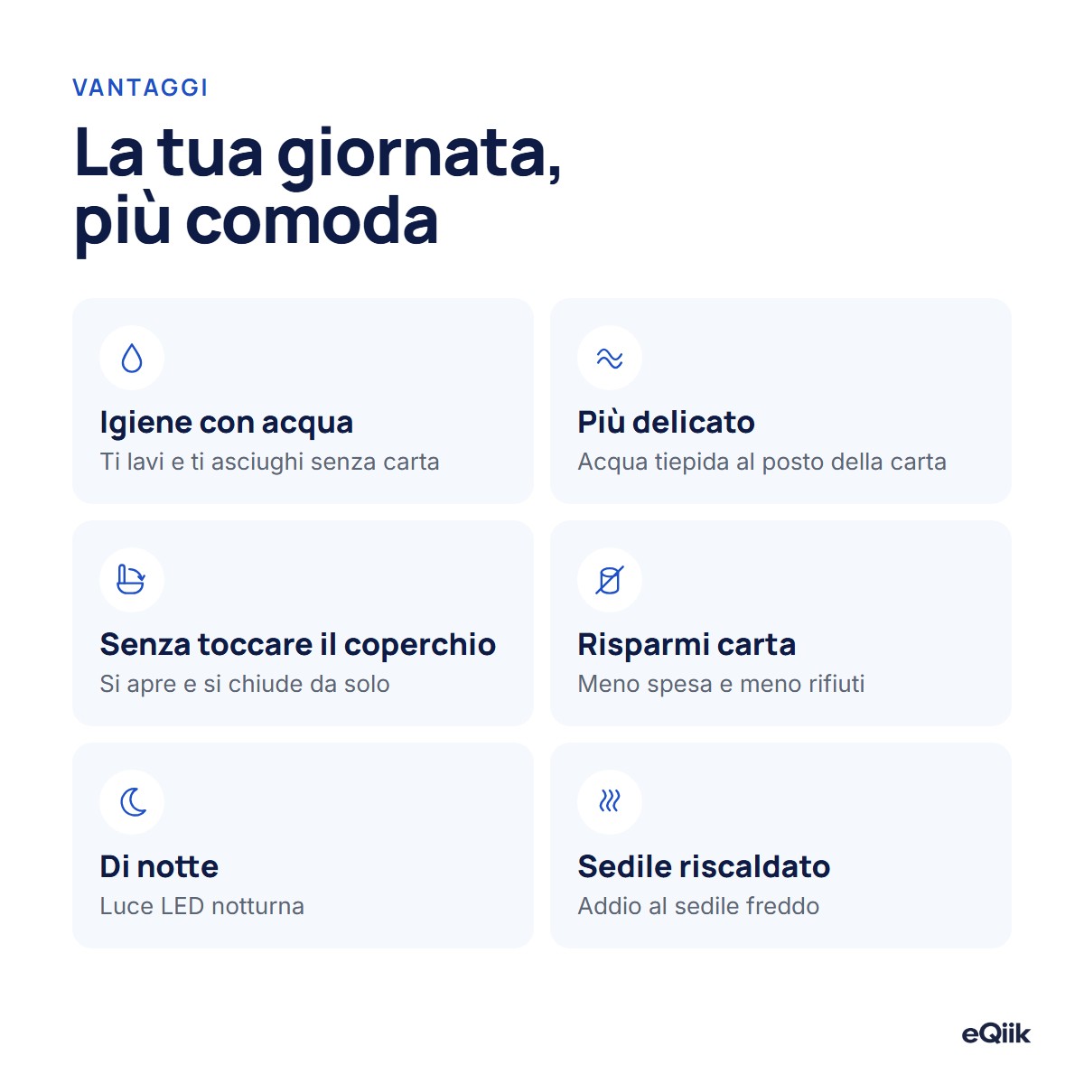 Vantaggi del WC giapponese eQiik Pro: igiene con acqua, coperchio automatico, luce notturna LED e sedile riscaldato