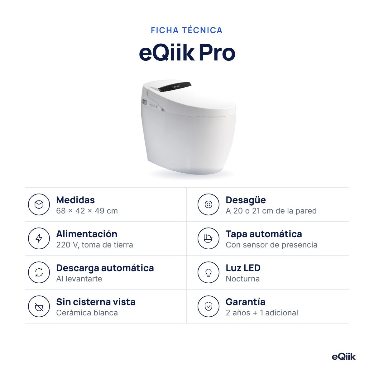 Ficha técnica del inodoro japonés eQiik Pro: medidas, desagüe, 220 V, tapa y descarga automáticas, luz LED y garantía