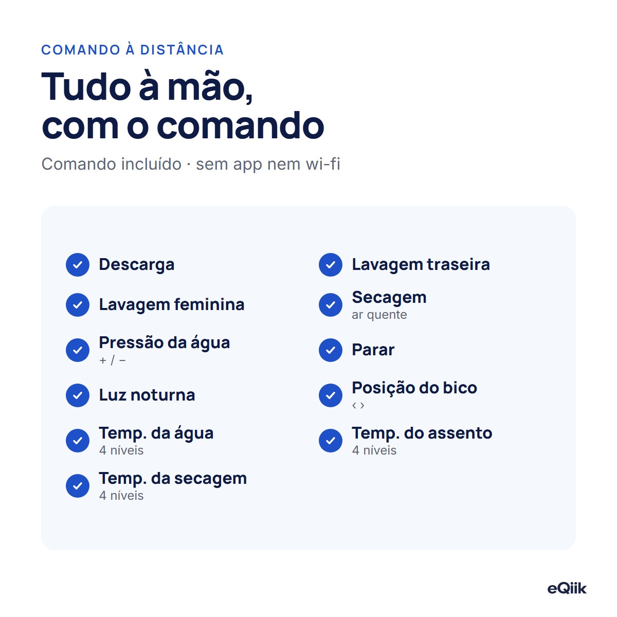 Funções do comando à distância da eQiik: descarga, lavagens, secagem, pressão, bico, luz noturna e temperaturas