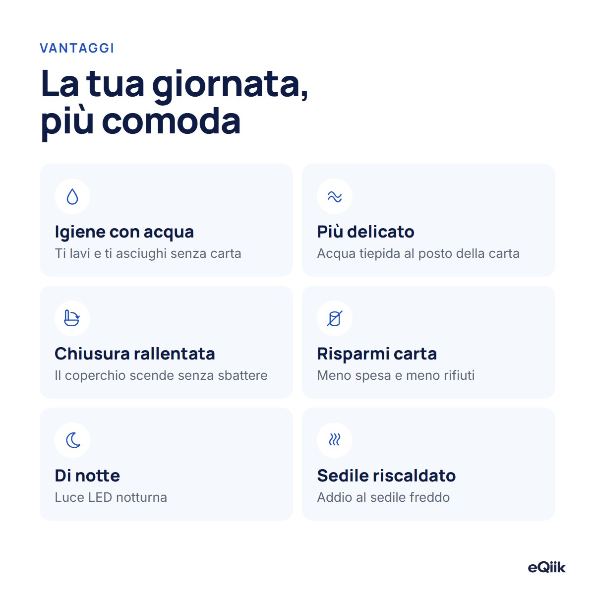 Vantaggi del WC giapponese eQiik: igiene con acqua, acqua tiepida, chiusura delicata, risparmio di carta, luce notturna e sedile riscaldato