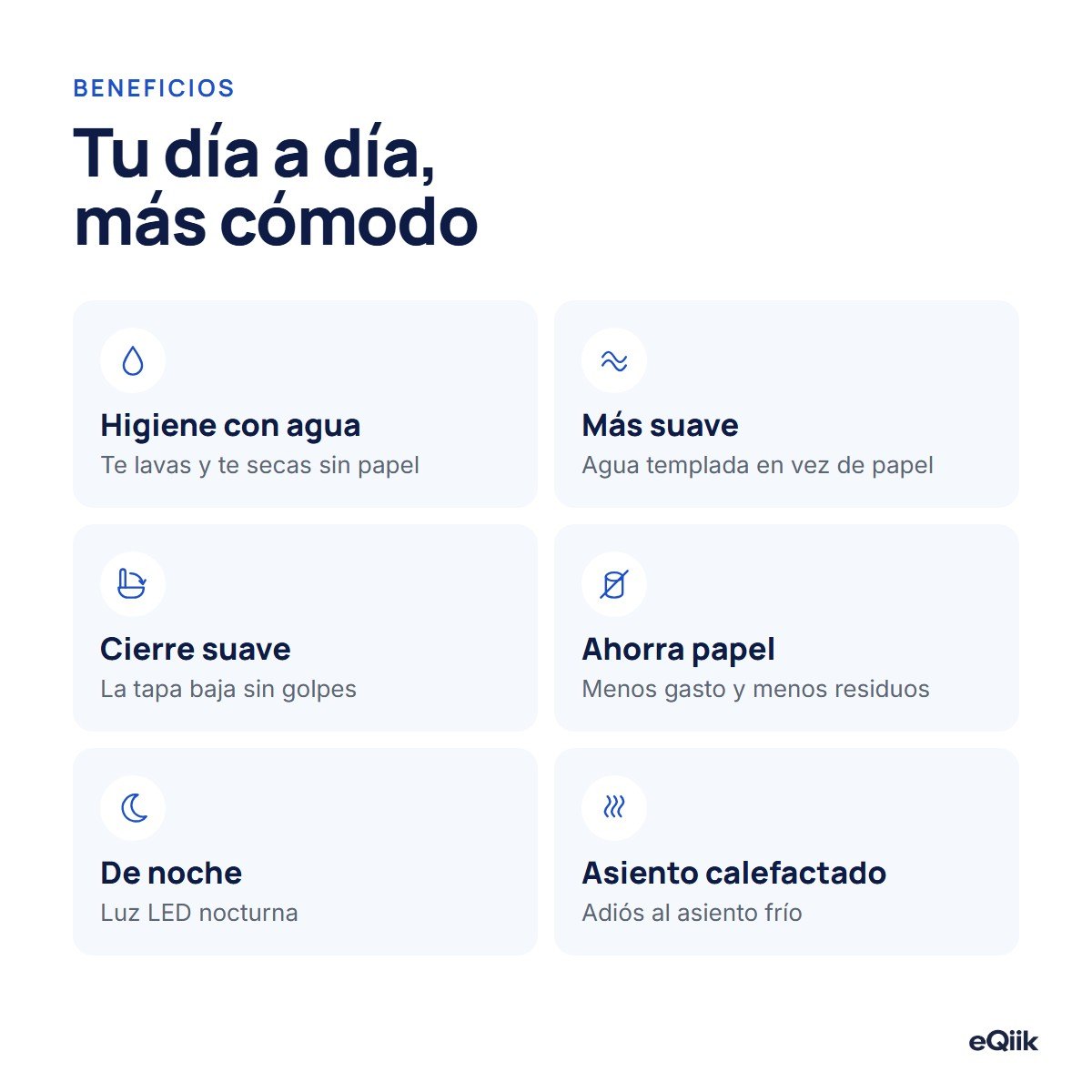 Ventajas del inodoro japonés eQiik: higiene con agua, agua templada, cierre suave, ahorro de papel, luz nocturna y asiento calefactado