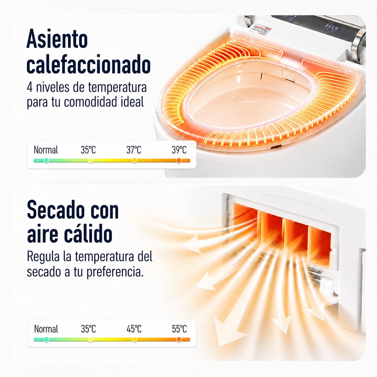 Asiento calefactado y secado con aire caliente del inodoro eQiik