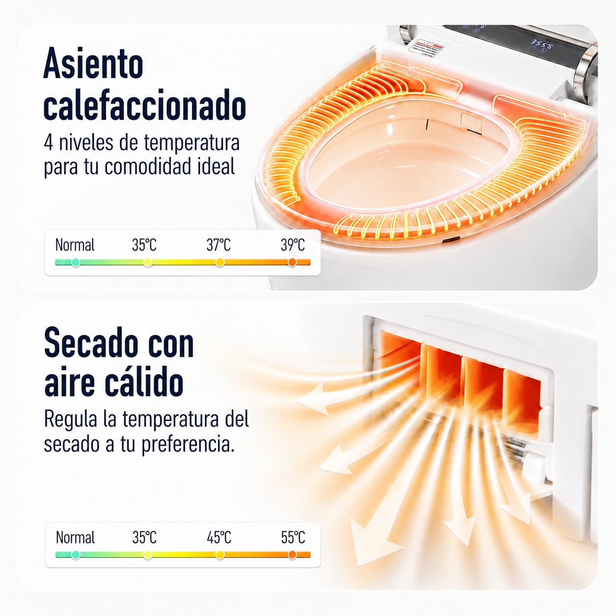 Asiento calefactado y secado con aire caliente del inodoro eQiik